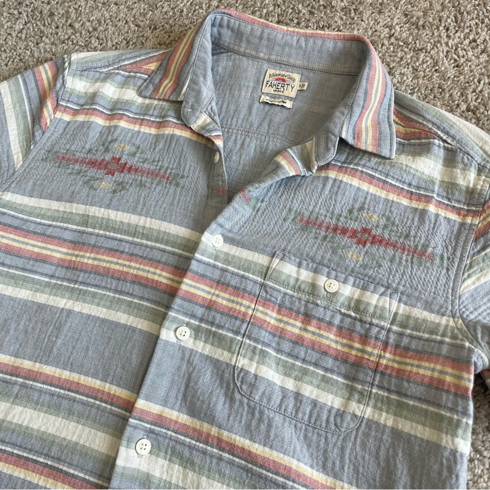 Faherty Aztec Striped Short Sleeve Button Down Shirt